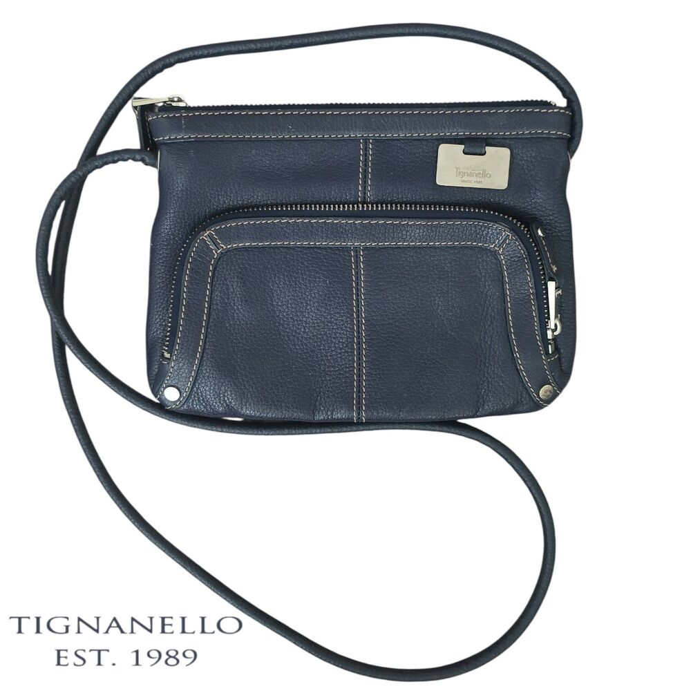 Tignanello Navy Blue Crossbody Bag Pebbled Texture Front Zip Pocket